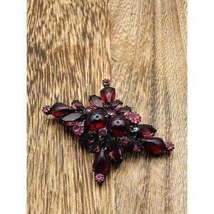 Large Vintage Red Cabachon and Pink Glass Rhinestone Brooch Dark Goth